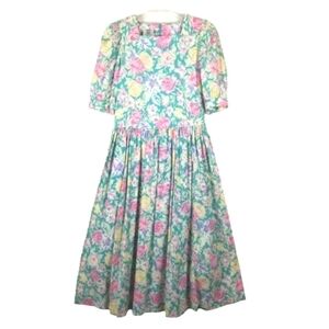 Vintage Laura Ashley Summer Tea Dress Lightweight Cotton Puff Sleeve Siz 10 XS/S